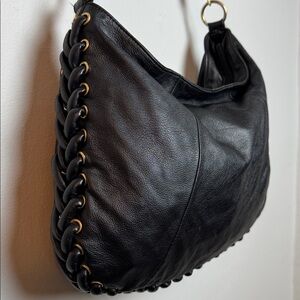 TAHARI Black Leather Handbag Braided Details Gold-Tone Hardware